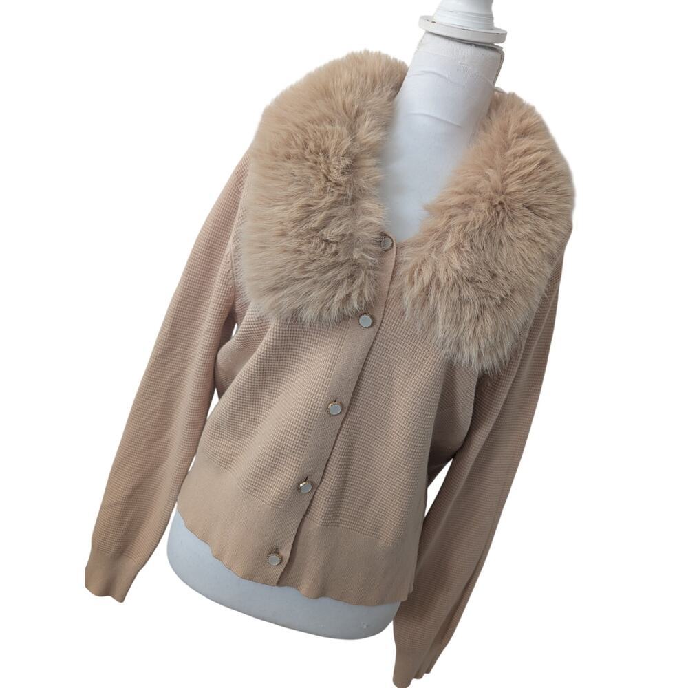 STUNNING PALE SALMON PINK FAUX FOX FUR, THERMAL KNIT CARDIGAN SWEATER! SIZE XL